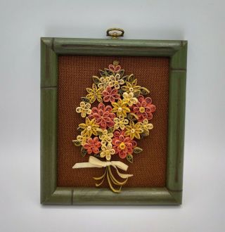 Vintage Quilled Floral Bouquet Rolled Paper Green Framed Hanging Wall Art