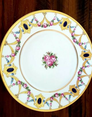 Antique Dresden Cabinet Plate Hand Painted Roses Encrusted Gold And Jewels