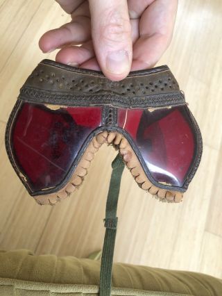1943 Wwii Us Military Collapsible Vintage Leather Aviator Goggles W/ Red Lenses