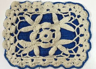 Vintage Crochet Cotton Dish Wash Cloth Blue With White Lace Style Top 7 " X 5 "
