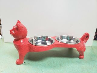 Vintage Cast Iron Black Kitty - Cat Food Water Raised Dish Bowl Holder