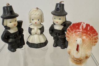 (4) Vintage Figurine Candles Fall Autumn Thanksgiving Harvest Pilgrim Turkey