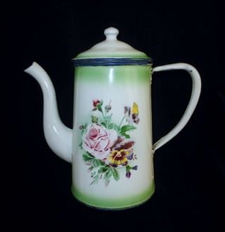 Antique French Enamelware Coffee Pot - Rose Decoration - Graniteware Flowers