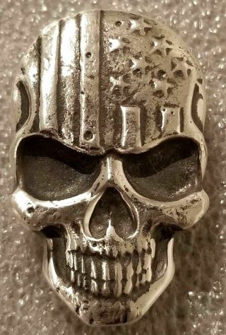 Hand Poured Mk Barz 2 Oz Silver Stars And Stripes Antiqued Usa Made 3d Skull Bar