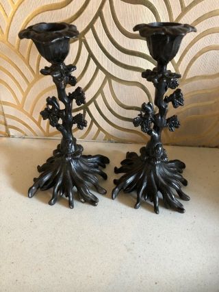 Unusual Antique Russian Cast Iron Candlesticks With Squirrels
