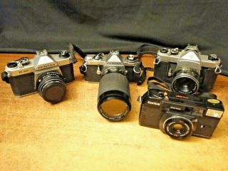 4 Vintage 35mm Cameras,  Pentax,  Konica,  Pentax,  Pentax,  Parts
