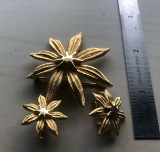 Vintage Set Of 3 Trifari Brooch And Clip On Earings Gold Plated