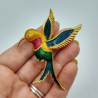 Vintage Gold Tone Red Green Blue Enamel Hummingbird Pin Brooch