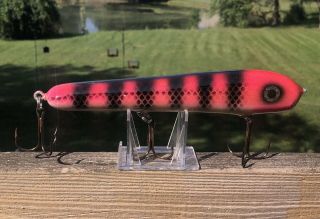 Hughes River Fluorescent Pink Perch 8” Muskie Lure.  Signed “HR” ‘01 2