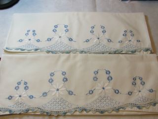 Vintage Embroidered Blue & White Flower / Floral Pillow Cases