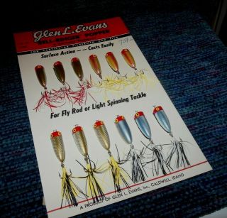 Vintage Glen L Evans Dealer Display Card Of 12 Bell - Ringer Popper Fishing Lures