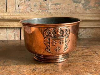 18th Century Early - Form Copper Punch Bowl With Bold Armorial Georgian Or Earlier