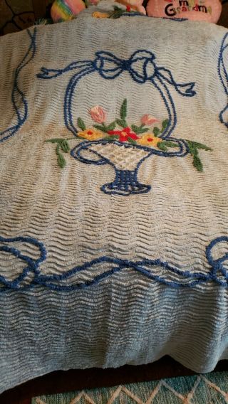 Vintage Chenille Bedspread Blue Flower Basket Full Size 94” X 108” Shabby Chic