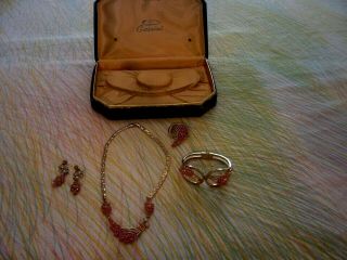 Vtg Oleg Cassini Rhinestone Earrings Necklace Bracelet Jewelry Set Gold Plated