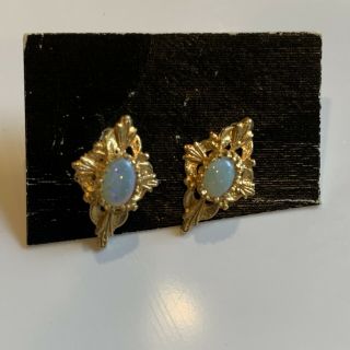 Vintage Diamond Shaped Opal Gemstone Post Stud Earrings Gold