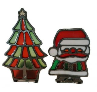 Vtg 2 Cast Iron Stained Glass Christmas Decor Tree Santa Votive Candle Holder