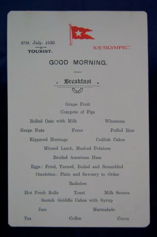 White Star Line Ss Olympic Tourist - Class Breakfast Menu (1930)