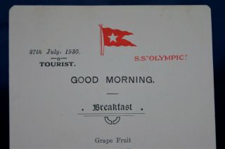 White Star Line SS OLYMPIC Tourist - Class Breakfast Menu (1930) 2