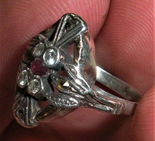 Antique C.  1920 Art Deco / Art Nouveau 10k White Gold Diamond Ruby Ring Vafo