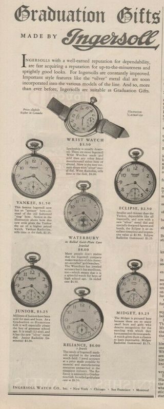 1927 Ingersoll Radiolite Pocket Watch Wristwatch Vintage Yankee Eclipse Ad