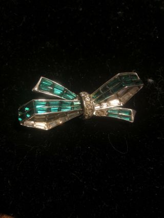 Vtg Signed Boucher Silver Tone Clear Green Rhinestone Bow Brooch Pin Numbered