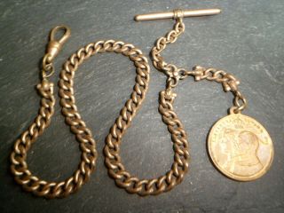 Antique 9ct Rolled Gold Albert Pocket Watch Chain And King Edward Coronation Fob