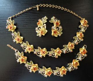 Vintage,  Gold Tone,  Aurora Borealis Rhinestones,  Floral Necklace,  Bracelet And M