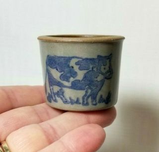 Vintage Blue Cow Pottery Miniature Mini Stoneware Crock 1.  25 " H