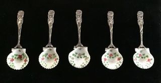 Set Of 5 Art Nouveau Sterling Silver Nude Mermaid Shell Caviar Spoons 1900 Vtg