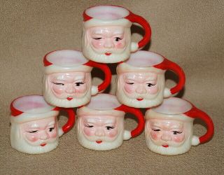 Set Of 6 Vintage Celluloid Winking Santa Mugs Marked Hong Kong 1.  5 " H