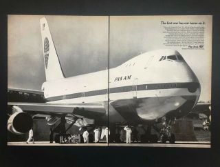 1970 Pan Am Airline Advertisement First 747 Airplane 2 Page Photo Vtg Print Ad