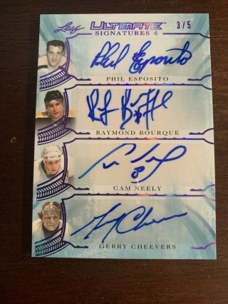 2019 - 20 Leaf Ultimate Hockey Signatures 4 Neely,  Bourque,  Esposito,  Cheevers 3/5