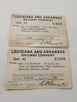 1941 Louisiana And Arkansas Railway Employee Passes 4434 And 5285