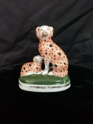 Antique Staffordshire Porcelain Figurine W/dog & Pup - Orange With Black Spots