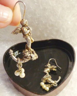 Unique Vintage Dangle Drop Angel Cherub Earrings Pierced Figural Faux Pearls