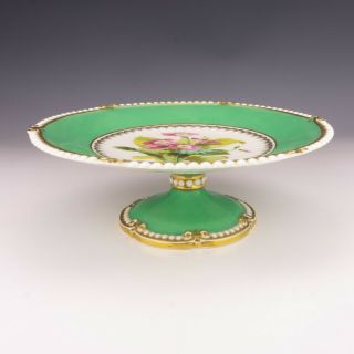 Antique English Porcelain - Flower Painted Tazza With Green Glazed Borders