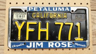Vintage Metal Dealer License Plate Frame Jim Rose Chrysler Plymouth Petaluma Ca