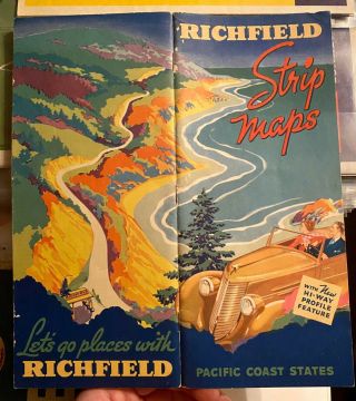 1937 Richfield Pacific States Strip Road Map - Richlube Gas Oil Plane Can Car