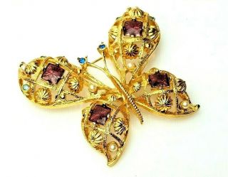 Vintage Avon Large Designer Rhinestone Faux Pearl Butterfly Brooch Pin Insect