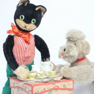 Steiff Poodle Dog Drinking Cafe W Schuco Bigo Bello Cat & Doll Tea Cafe Service