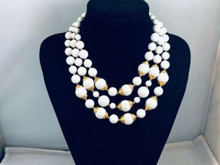 Vtg.  Monet Milk White Lucite & Gold Tone 3 - Strand Beaded Necklace