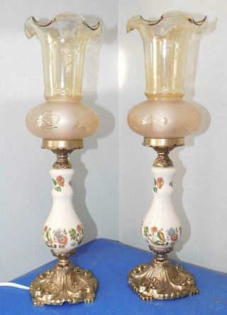 Elegant Vintage Table Bedside Lamp Pair Porcelain & Gilt Metal With Glass Shades