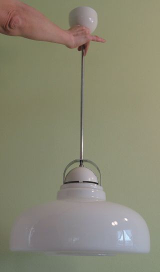 Mid Century Czech Hanging Ceiling Pendant Light White Ufo & Opaline Glass