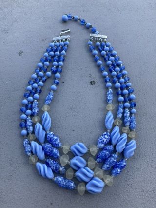 Vintage Signed Japan Baby Blue Art Glass Strand Hook Necklace