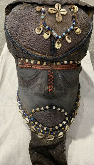 Antique African Kuba Tribe Bwoom Helmet Mask Cowrie Shells Copper Congo 17x11x10