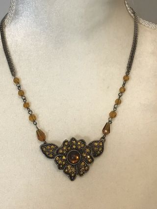 Vintage Necklace Orange Beads Brown Flower Rhinestone 20”