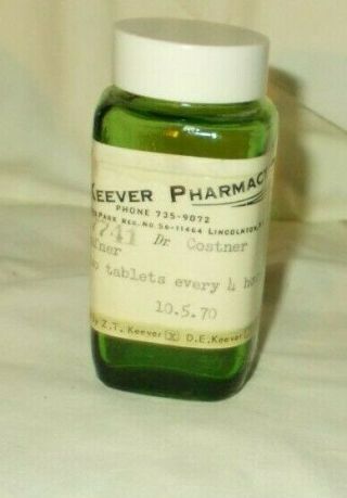 Vintage Square Forest Green Bottle White Lid Pharmacy Prescription Lincolnton Nc