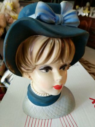 Vtg Napcoware Lady Head Vase In Teal & Light Blue Hat Pearl Necklace C7496