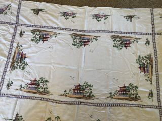 Vintage Asian Linen Cross Stitch Tablecloth 60” X 94” Rectangle Pagodas