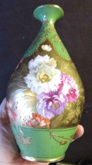 Old Antique Hand Painted Floral Flowers Vase Royal Bonn Green Gold Oil Painting